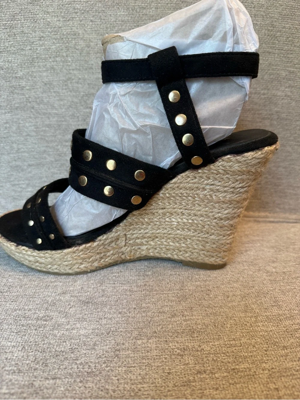 Black Studded Espadrille Wedge Sandals - Women